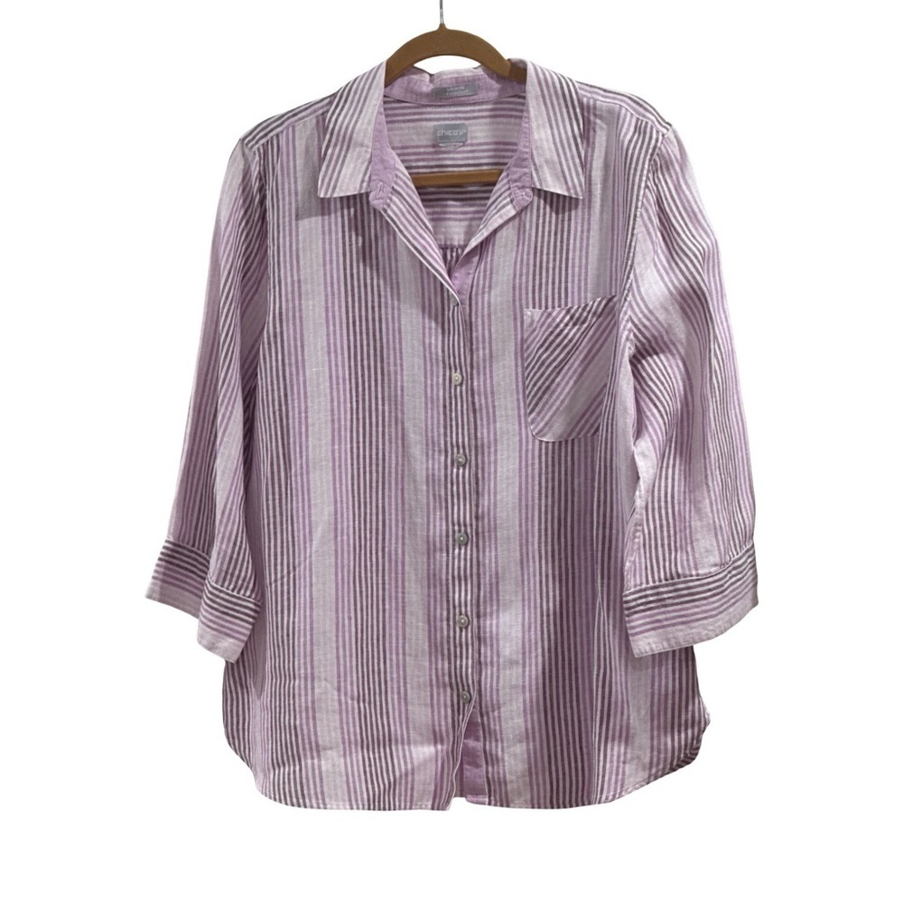 Chico's No Iron linen Freshchic Lavender, Pink and White Stripe shirt